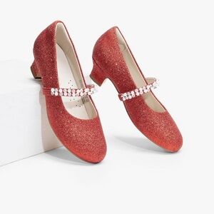 NIB Mary Jane GIRLS SZ 1 RED GLITTER DRESS Shoes LOW HEEL w/Pearls & Rhinestones